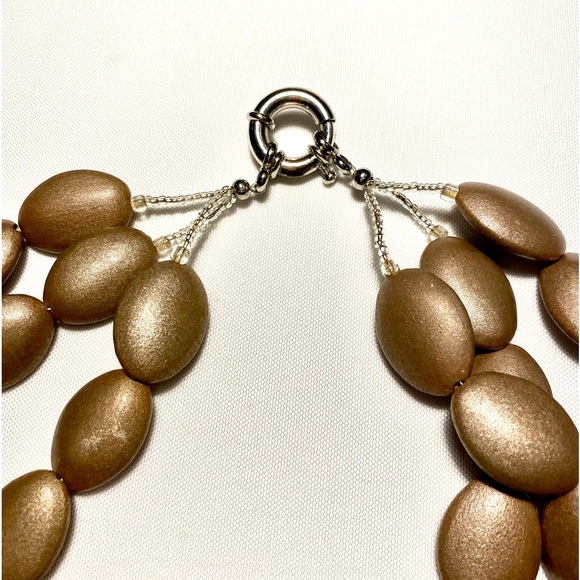 Necklace three strand  wooden oval and sparkling bids - Picture 4 of 7